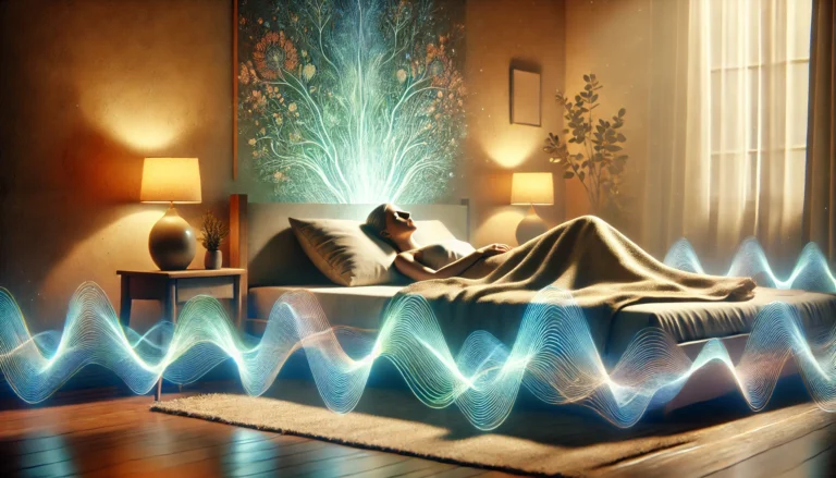 Person peacefully sleeping in bed depicting better sleep patterns after using PEMF Therapy