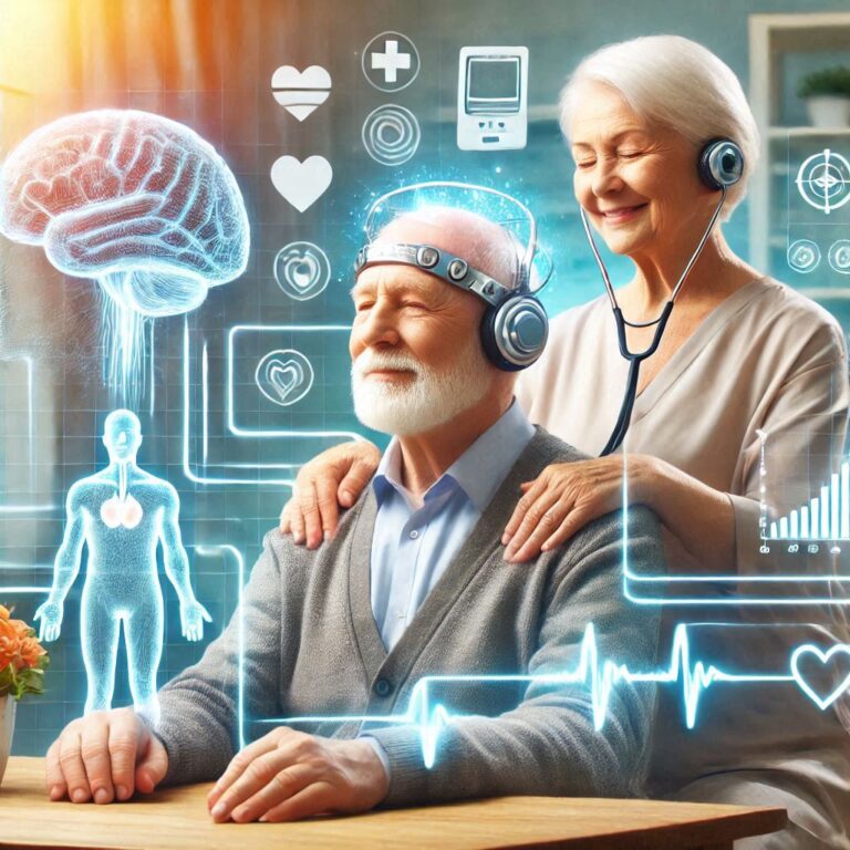 Elderly couple. Man sitting, woman standing behind with her hands on his shoulders. Both are smiling.