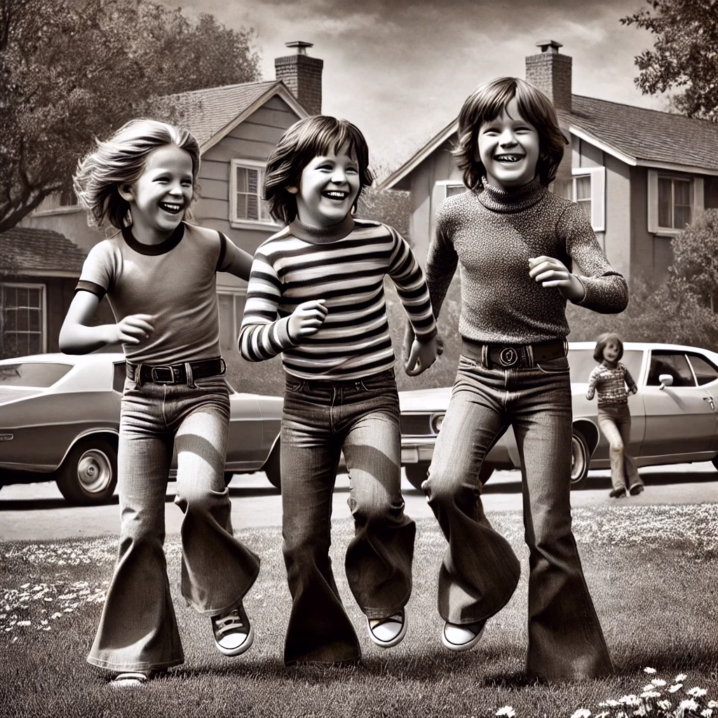 A nostalgic, photo-realistic black and white image of three young boys playing outside on a sunny day in the 1970s. The boys are dressed in vintage 70s-style clothing like bell-bottom jeans and striped shirts, laughing and running on a grassy suburban lawn. The background includes retro houses and classic 70s cars. The image captures a carefree, joyful childhood moment with authentic period details and a timeless feel, using high-contrast black and white tones to enhance the vintage atmosphere.