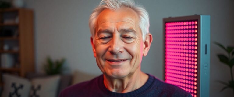 An elderly gentleman sitting and smiling while bathed in red light signifying the benefits of red light therapy for seniors