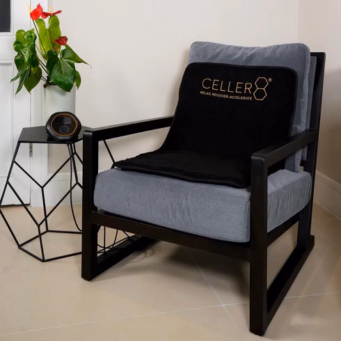 CELLER8 travel PEMF mat folded on a chair